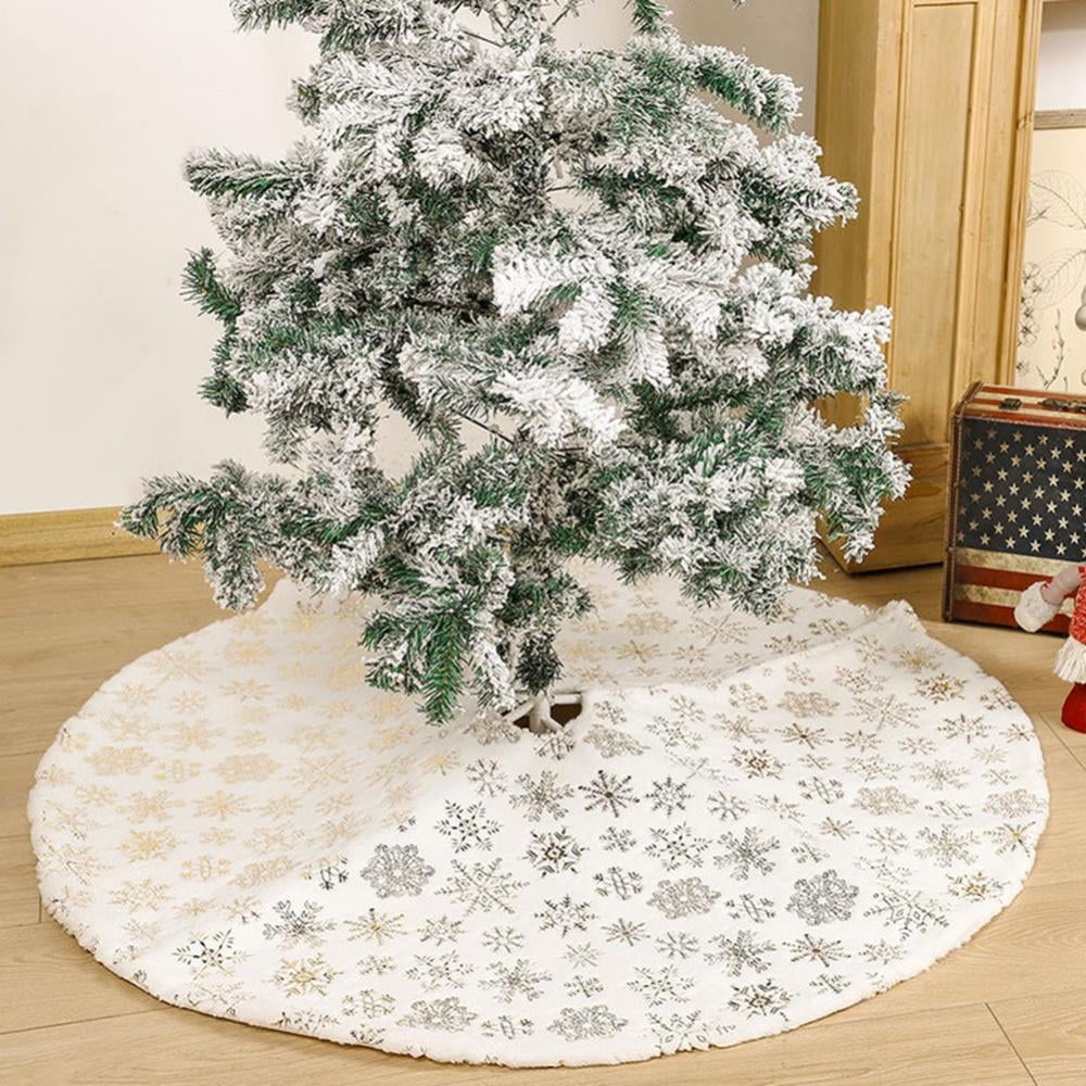 Christmas Tree Skirts White Plush With Golden Snowflake Sequins Faux Fur Decor