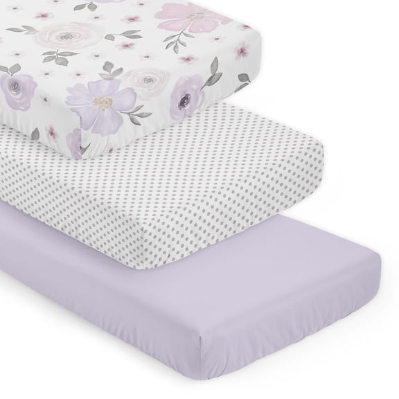 Sweet Jojo Designs Watercolor Floral Lavender and Grey Girl Fitted Crib Sheets Set 3 Piece