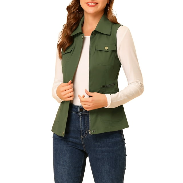 INSPIRE CHIC Veste Zippée pour Femme Sans Manches Anorak Gilet Utilitaire Veste avec Poches P Vert