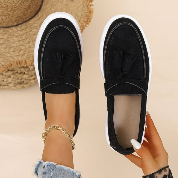 SYMOID Womens Black Tassel Platform Loafers - Soft Flock Slip-on Comfortable Plus Size (36-43) Casual Shoes for Daily Office Campus Wear,Size 43