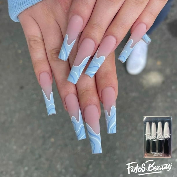 Fofosbeauty 24PCS Fake Press on Nails Coffin Long Fake Nails for Girls Women, Coffin V French Babyblue Matte Fofosbeauty 24PCS Fake Press on Nails Coffin Long Fake Nails for Girls Women, Coffin V French Babyblue Matte