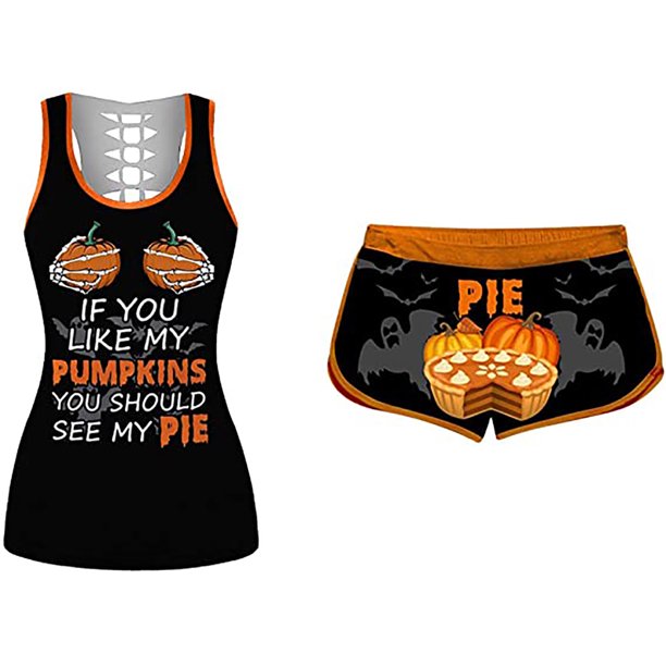 Conjunto de camisetas sin mangas de Halloween para mujer Pantalones cortos de cintura elástica con estampado de calabaza Fridja fhjkhfk456257