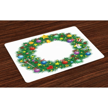 

Letter O Placemats Set of 4 Christmas Wreath Festive Display of Capital O Circle with Celebratory Elements Washable Fabric Place Mats for Dining Room Kitchen Table Decor Multicolor by Ambesonne