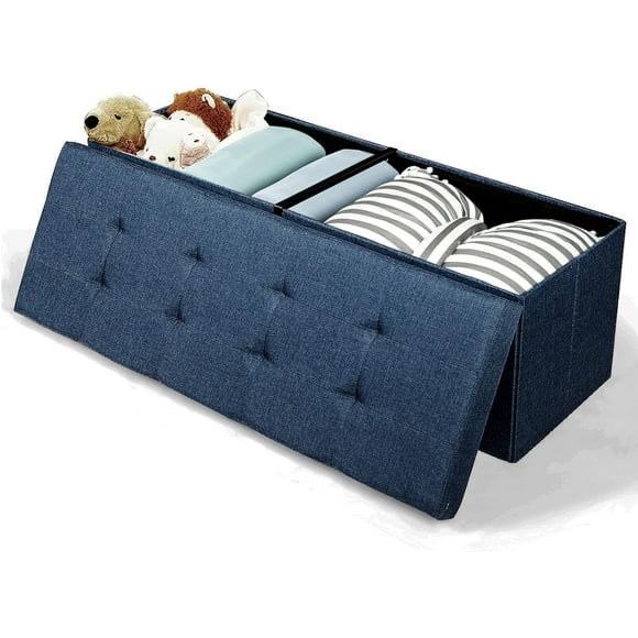 Giantex 43.5" Folding Storage Ottoman Bench, Storage Chest Box w/Divider, Padded Seat Shoe Bench, Fabric Tufted Ottoman for Home, Navy