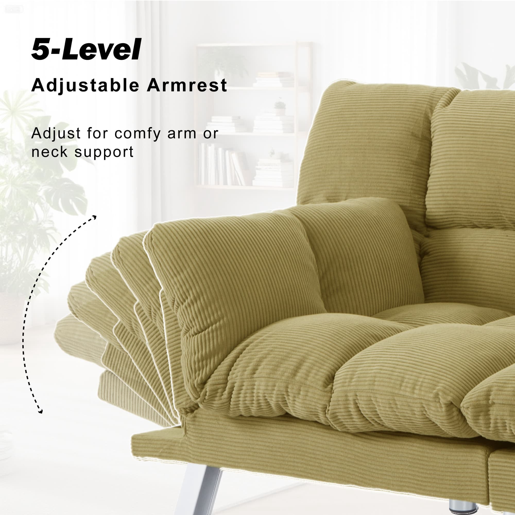 BSHTI Corduroy Futon Sofa Bed, 67.3" 3 in 1 Convertible Sofa Bed with Adjustable Armrests, Split-Back Design, Loveseat Sofabed for Apartment, Living Room, Office(Yellow)