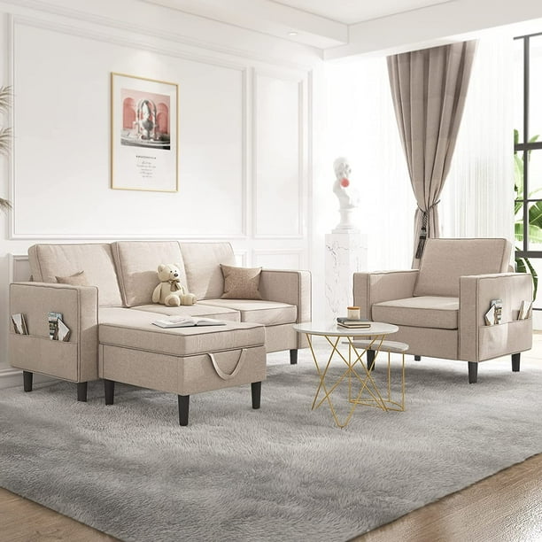 Mjkone Convertible Sectional Sofa Couch with Storage Ottoman, 3 Pcs