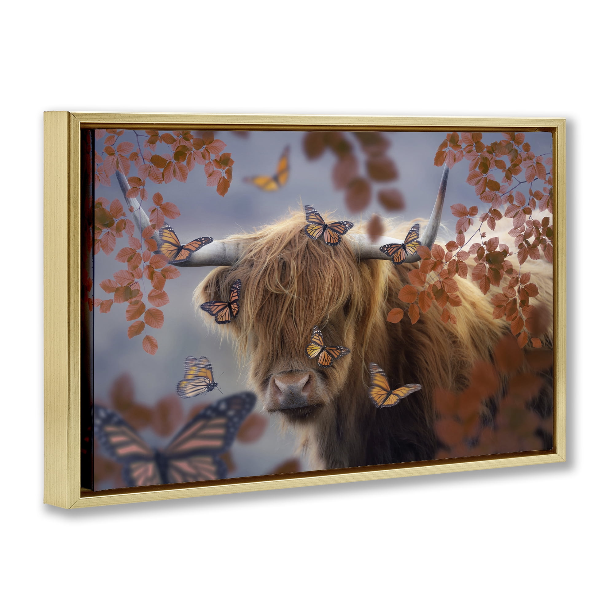 Stupell Industries Monarch Butterflies & Cattle Animals Painting Gold Floater Framed Canvas Art Print Wall Art, 31 x 21