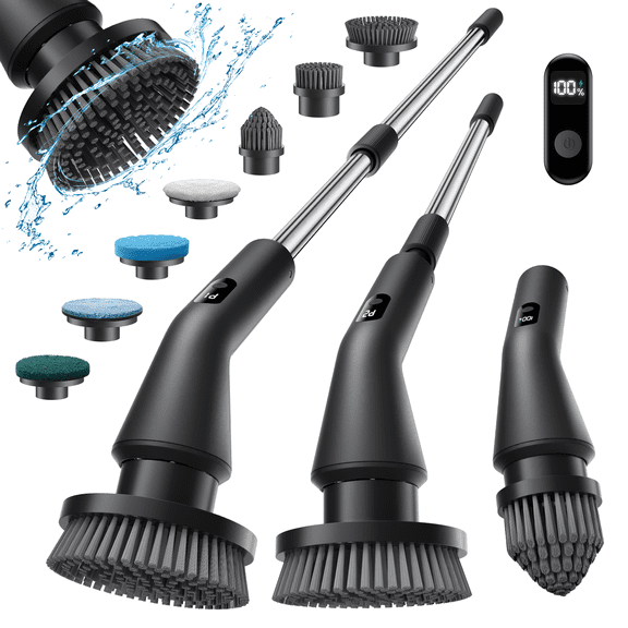 Yooken Electric Spin Scrubber, Cordless Bathroom Cleaning Brush, Power Scrubber with Extension Handle & 8 Replaceable Heads for Shower Tub Tile Floor