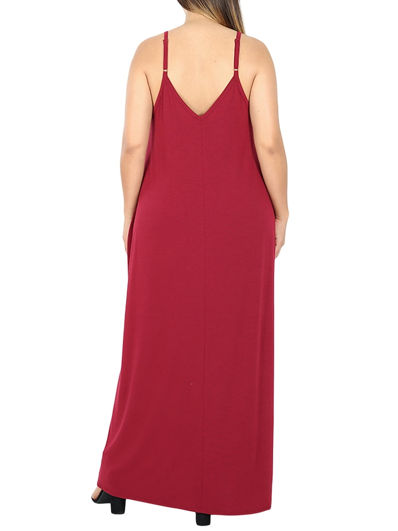 Women V-Neck Draped Jersey Beach Summer Cami Long Maxi Dress with Side Pockets (Deep Coral, 1X) Women V-Neck Draped Jersey Beach Summer Cami Long Maxi Dress with Side Pockets (Deep Coral, 1X)