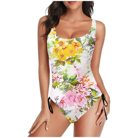 TrendVibe365 Swimsuits for Women 2025 Yellow One Piece Bathing Suits Thong Adjustable Shoulder Strap Floral Swimwear Beachwear S