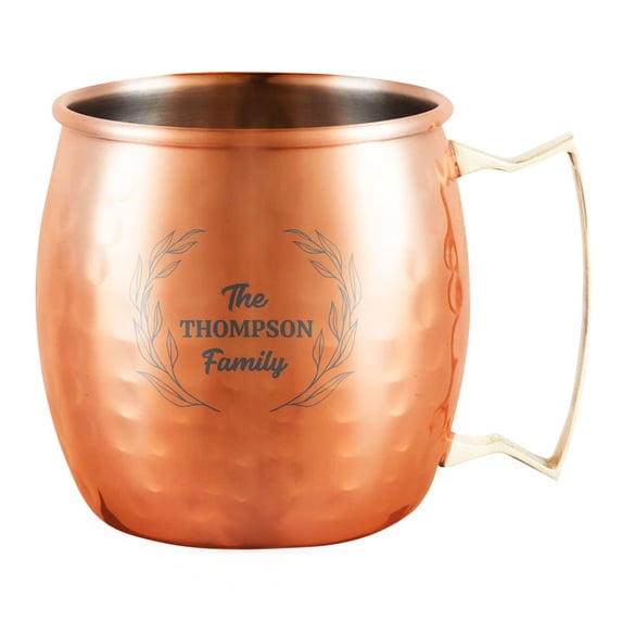 PERSONALIZED Round Custom Family Name Classic Moscow Mule Mug with Engraved Design and Sturdy Handle Rolled Rim, Hammered Copper Finish 18 oz, Branches Family