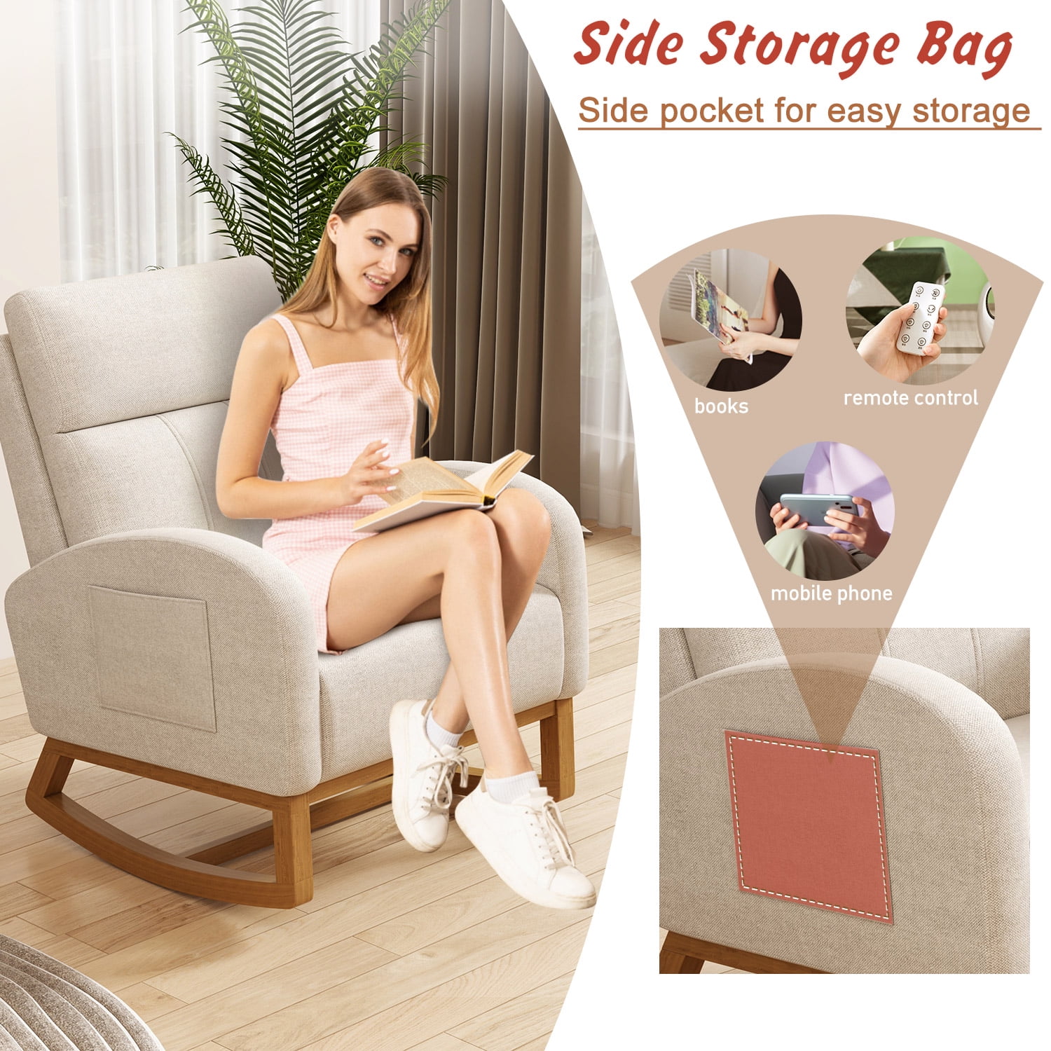 Rocking Chair Nursery Accent Chair for Bedroom Glider Comfy with High Backrest Upholstered Living Room Chair with Side Pocket, Cream