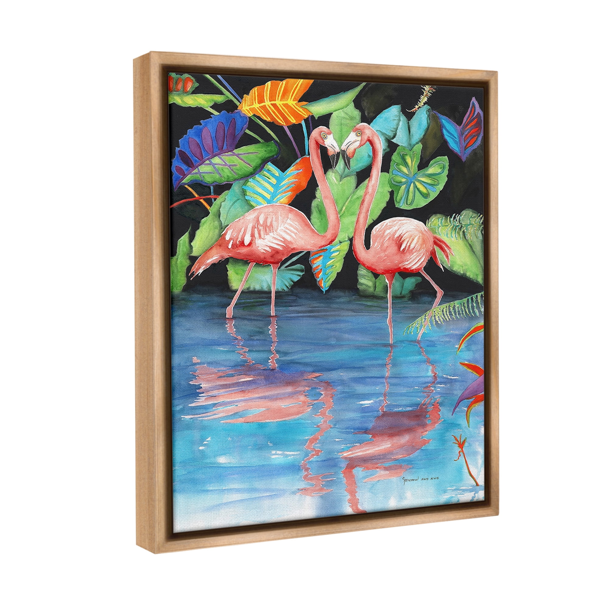 Stupell Industries Bold Flamingos Reflection Animals & Insects Painting Brown Floater Framed Canvas Art Print Wall Art, 25 x 31