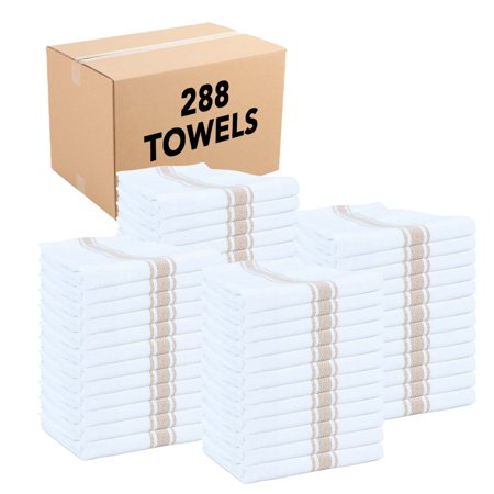 Arkwright Herringbone Kitchen Towels (15x25  288 Bulk Case Pack)  Cotton Dish Towel  White with Tan Stripe
