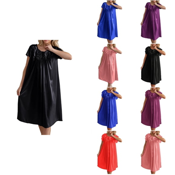 Antinious Ladies Short Sleeve Lace Ice Silk Loose Mid Calf Soft Sleepshirts