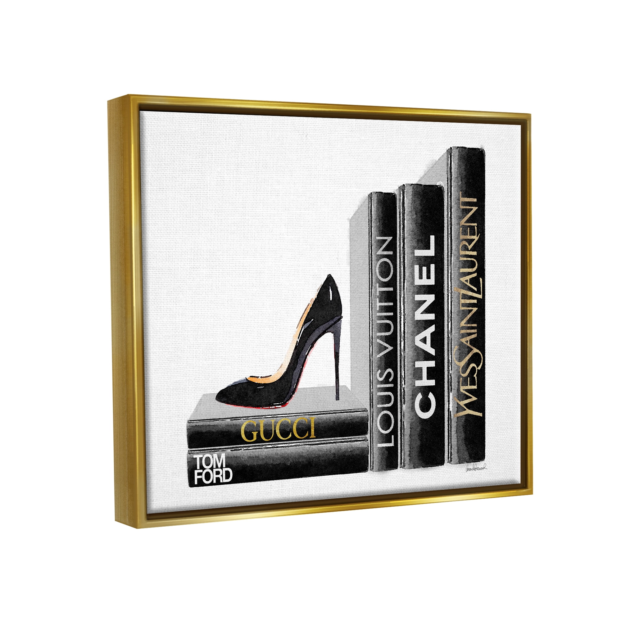 Stupell Industries High Fashion Black Book Shelf with Stilettos Heel Metallic Gold Framed Floating Canvas Wall Art, 16x20, by Amanda Greenwood