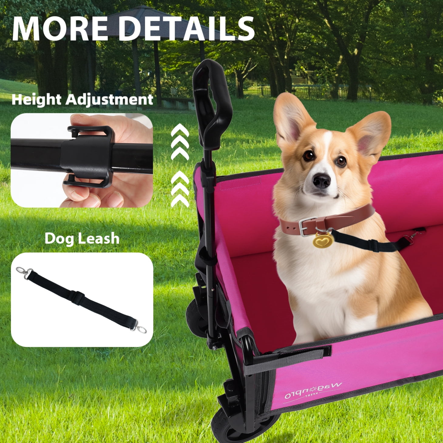 All-in-One Convertible Folding Wagon Cart with Bench Seat and Dog Leash, Heavy Duty Utility Trolley with All Terrain Wheels, Lightweight Shopping Cart for Beach, Garden, Camping, Sport, Pink