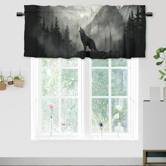 Wolf Kitchen Curtain Valances Wildlife Animal Foggy Forest Pine Trees Woodland Thermal Insulated Room Darkening Curtain for Dinning Room 54 by 18 in, 1 Panel