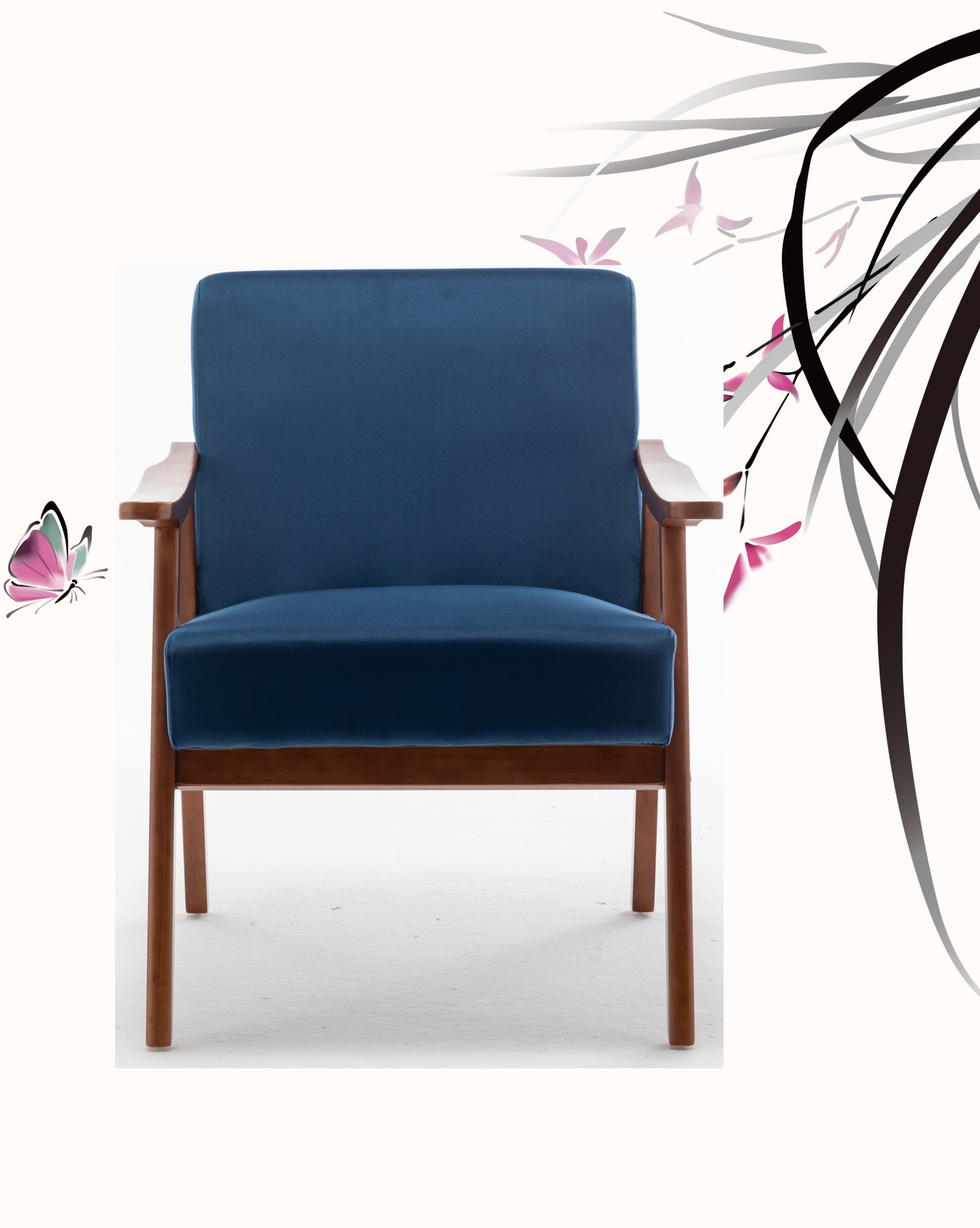 Mintazer Mid-Century Modern Velvet Leather Accent Chair, Armchair for Living Room Bedroom, Dark Blue