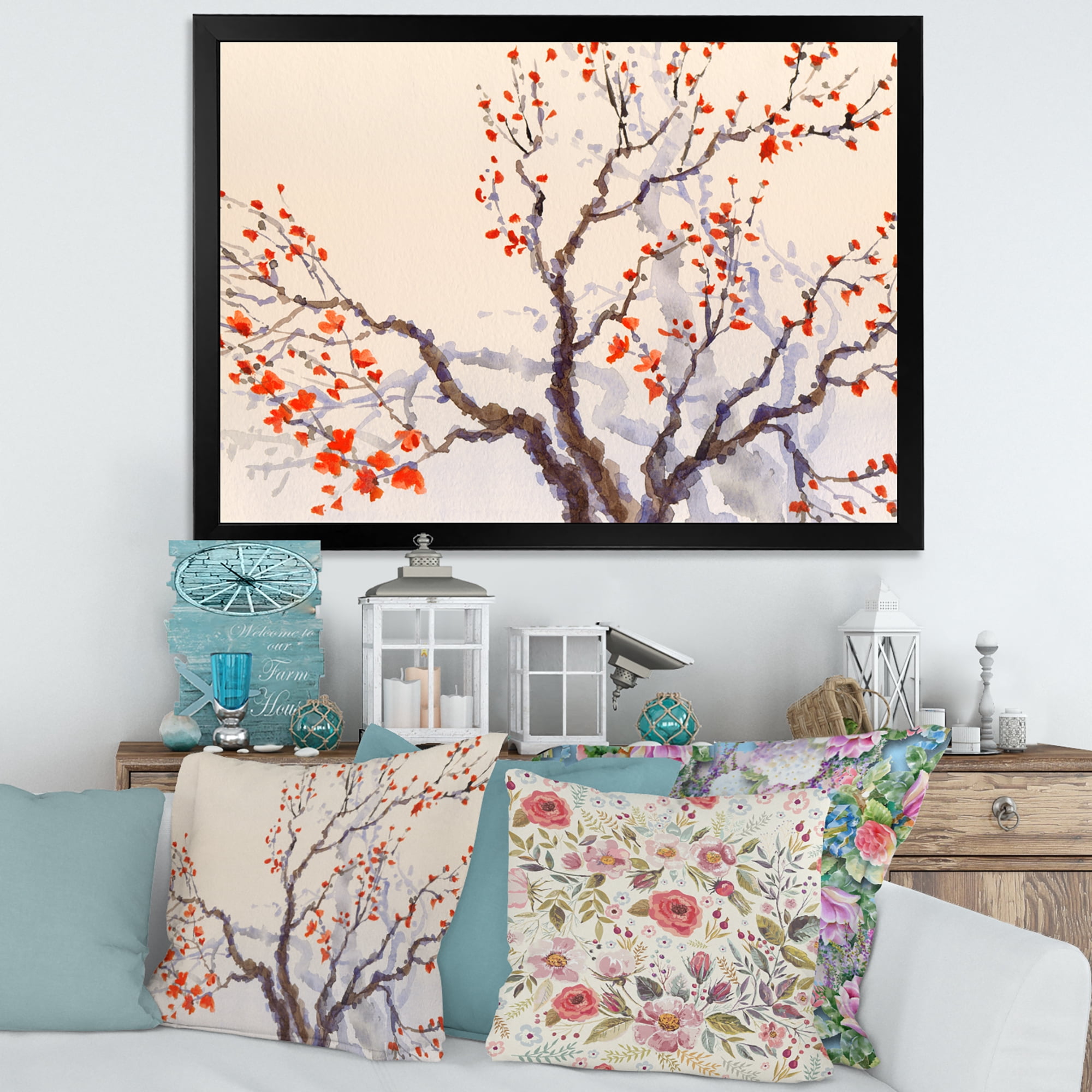 Designart 'Buds and Red Flowers On The Spring Blossoming Tree' Traditional Framed Art Print