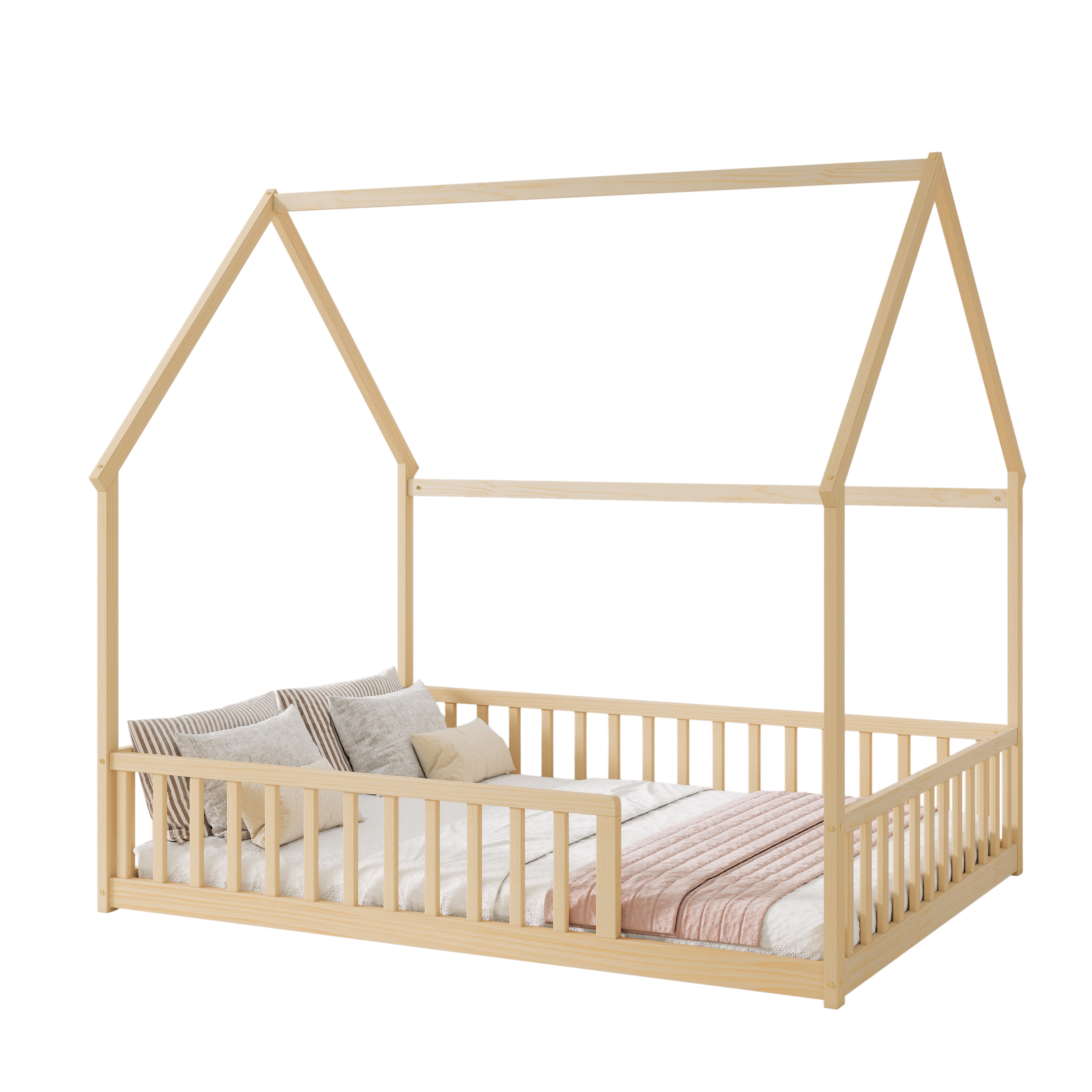 Mintazer Full Size House Toddler Floor Bed with Guardrails, Kids Montessori Low Bed with Roof Frame for Bedroom Playroom, Natural
