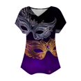 thumbnail image 4 of DeHolifer T-shirts for Women Mardi Gras V-Neck Button Pleated Carnival Mask Graphic Pritned Short Sleeve T-shirts Loose Casual Fashion Blouse Tops Purple 2XL, 4 of 4