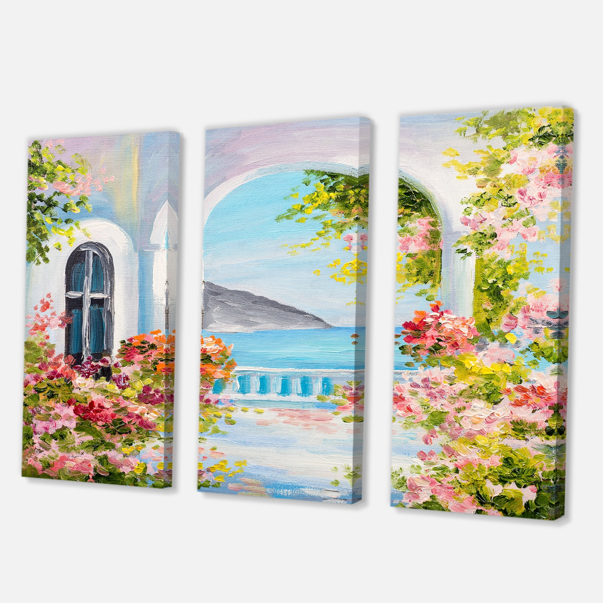 Designart ' Pink Flowers With Traditional Greek House ' Nautical & Coastal Canvas Wall Art Print