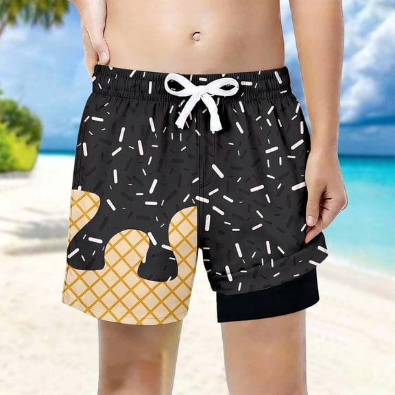 Huowey Boys Youth Summer Shorts Wide Leg Liner Drawstring Elastic Waist Gradient Ice Cream Print Outdoor Beach Comfortable Knee Length Casual Shorts Lightweight Swim Trunks,Black,5-6 Years