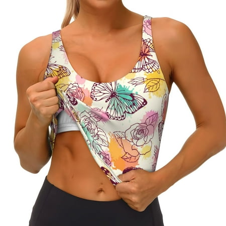 Qokaie Butterflies and Roses Pattern Womens Scoop Neck Sports Bra Breathable Workout Vest Padded U Back Medium Impact Fitness Gym Yoga Bra Workout Crop Top