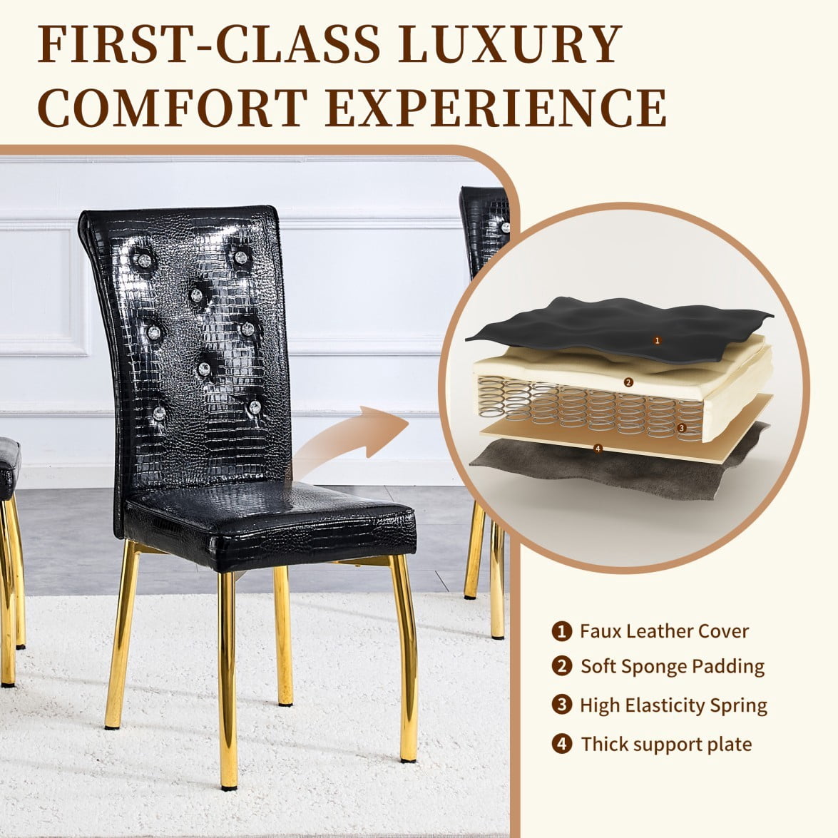 Set of 4 Retro Dining Chairs, Faux Alligator-Textured PVC Leather Upholstered Chairs with Crystal Button Details & Galvanized Metal Legs, 400 LBS, Black & Gold