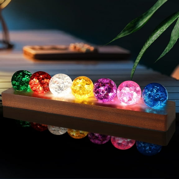 LOSCHEN 7 Colors Ice Cracked Balls, Core Memories Crystal Balls with LED Sapele Wood Base, Natural Healing Spheres Set for Home Living Room Meditation Positive Energy Decoration Balls