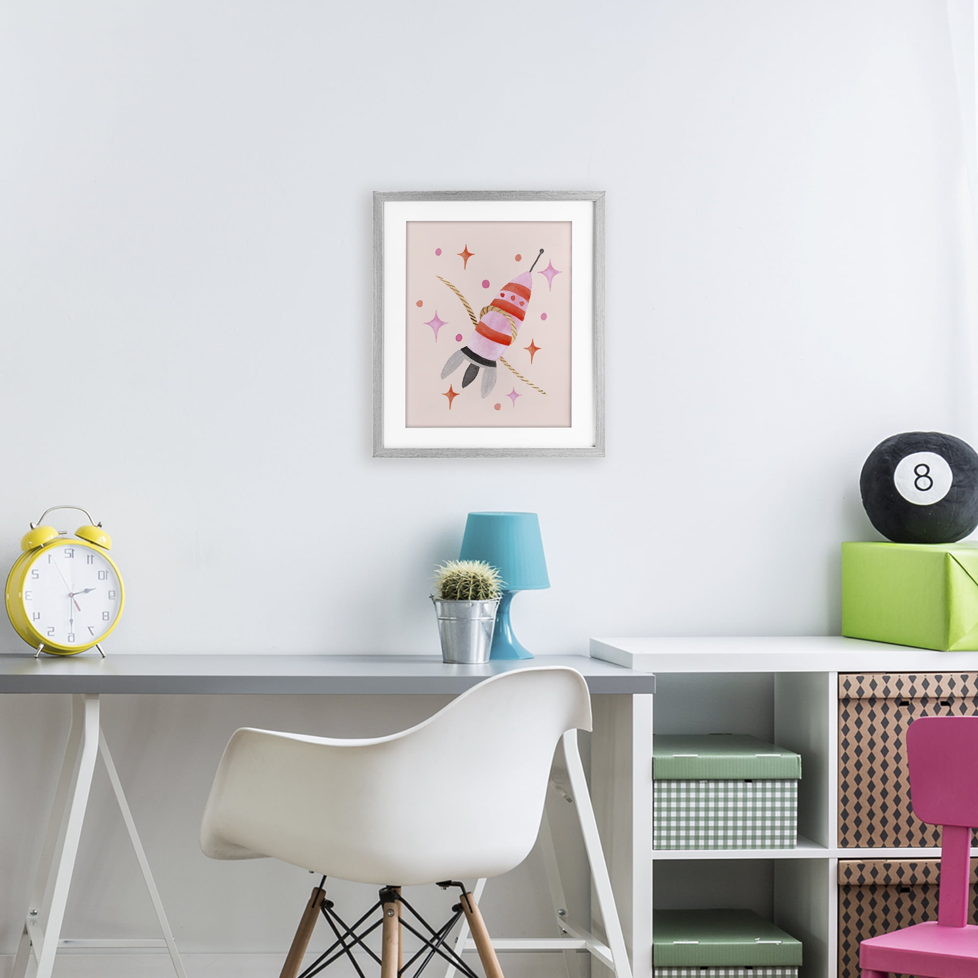 Spaceship with Lasso Gray Framed Print Under Glass, design by Nina Jacobs