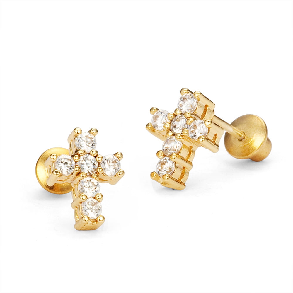 14k Gold Plated Brass Cross Cubic Zirconia Screwback Baby Girls Earrings with Sterling Silver Post