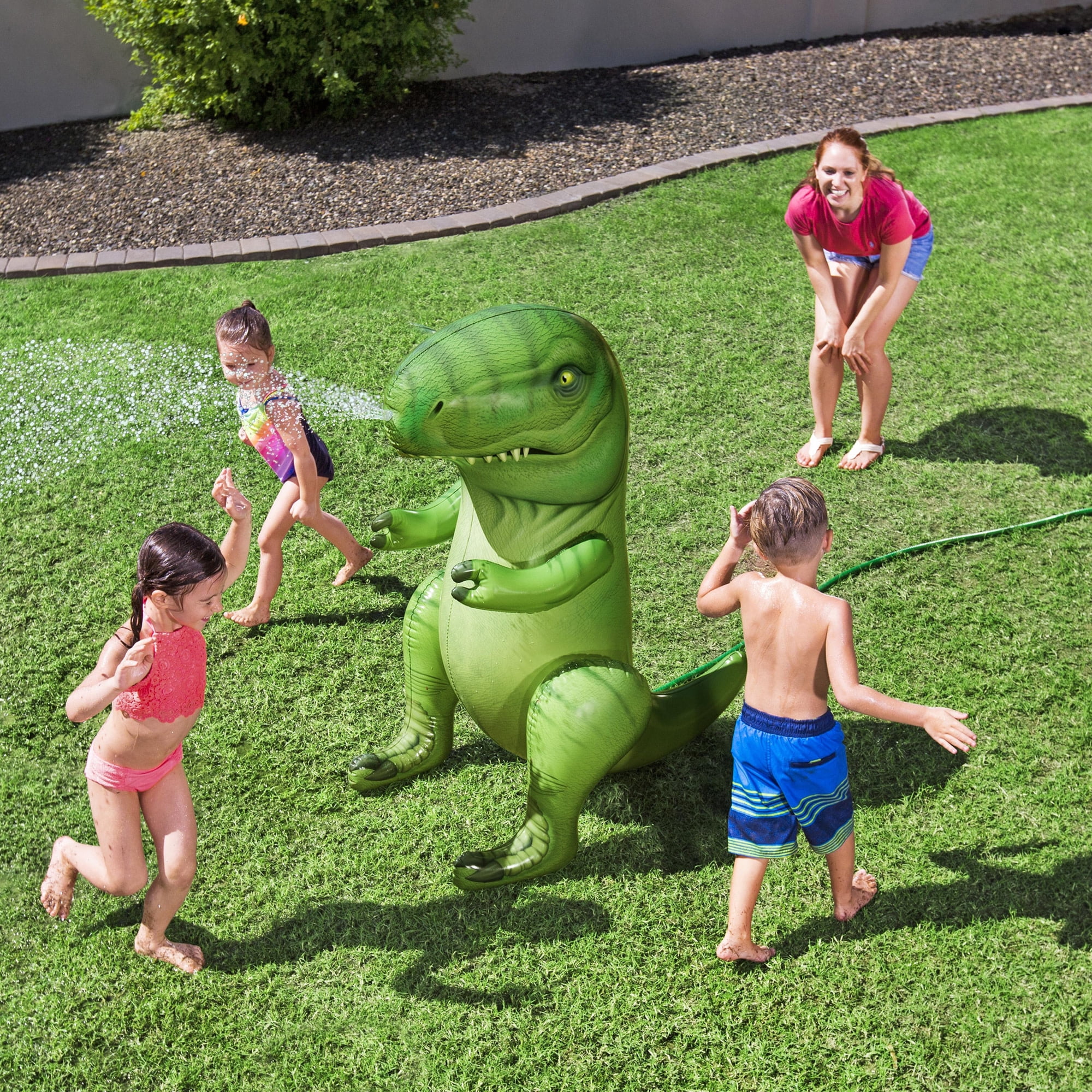 H2OGO! Inflatable Dinomite Sprinkler - Green Dinosaur, T-Rex Snout-Head Sprays Water, Outdoor & Backyard Toy Play, Hose Attaching, Toddlers & Kids 2+