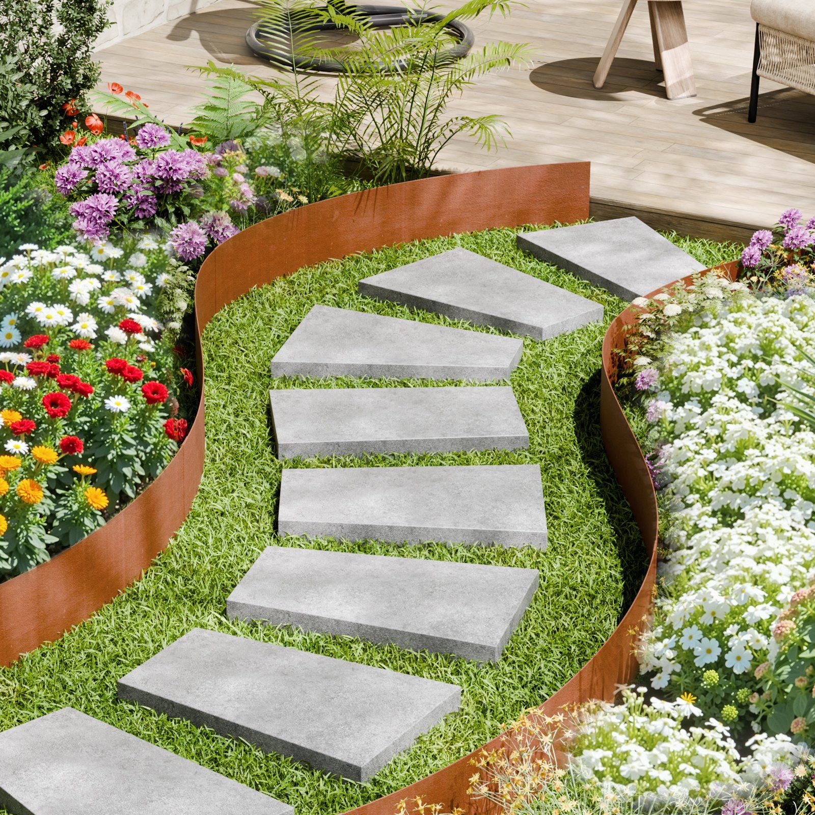 Weather-Resistant Steel Landscape Edging 6 Pack, 40x8 in Metal Lawn Edging Border with Pre-Rusted Finish, Flexible Bendable Design, Easy Installation for Garden, Walkway, and Flower Bed