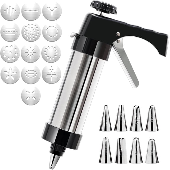 Cookie Press Stainless Steel Kit with 13 Discs & 8 Icing Tips, Durable Cookie Press for Baking, Easy Cookies for Christmas, Family Baking (Black)