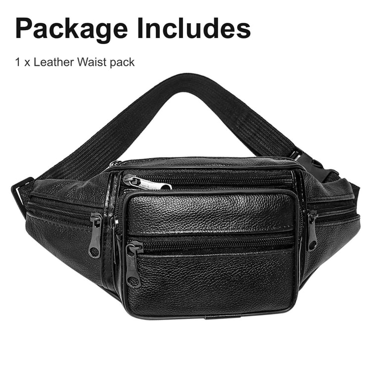 Leather Fanny Pack, TSV Waterproof Cell Phone Waist Bag with 7 Zipper Pockets for Men Women, Adjustable Bum Packs, Black, Adult Unisex, Size: Large