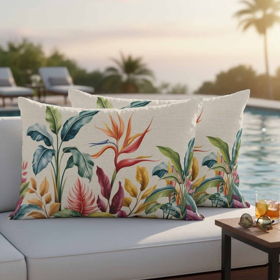 Tropical Plants Outdoor Pillow Covers 20x12 Inch Lumbar Pillow Covers Set of 2 Waterproof Decorative Throw Pillow Cases Summer Vintage Botanical Flower Leaf Beige Cushion Covers for Patio Furniture