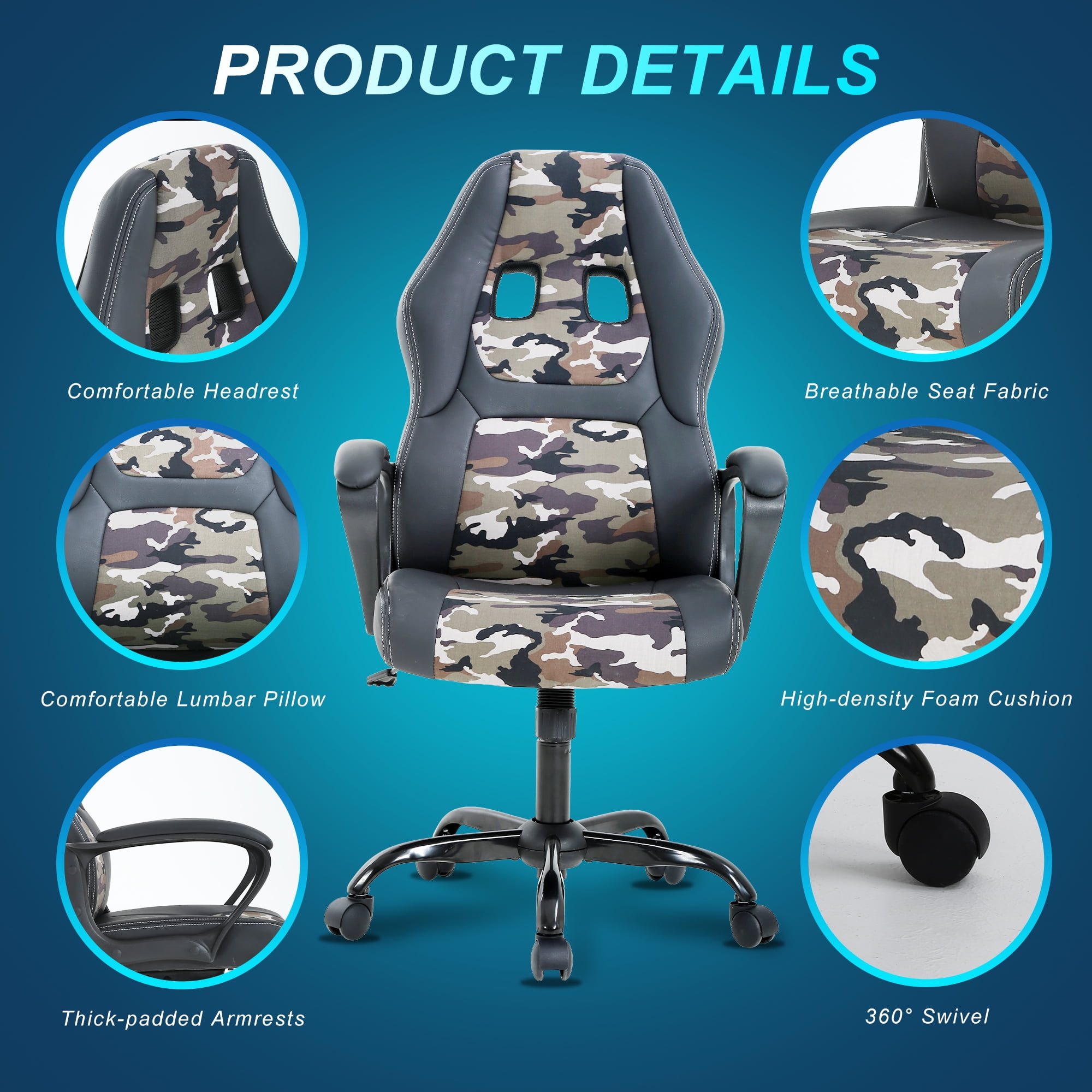 YRLLENSDAN Camo Adults PU Leather Gaming Chair with Mute Pulley, Black/Blue/Camo/Red/White