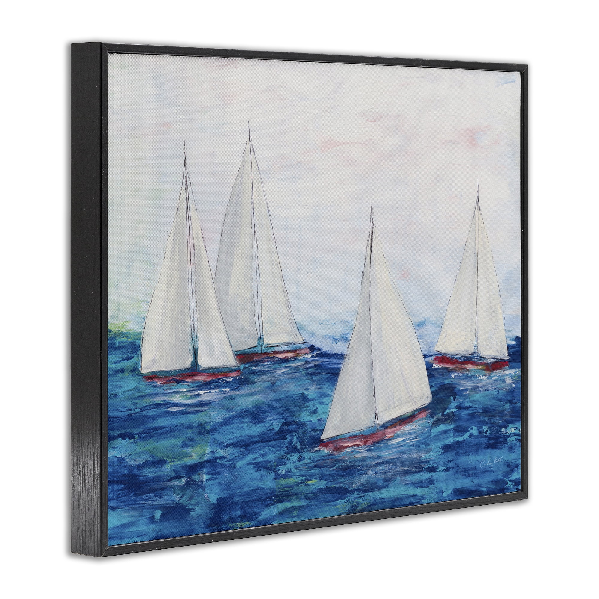 Stupell Industries Sailboat Fleet on Ocean Coastal Painting Black Framed Art Print Wall Art, 30 x 24
