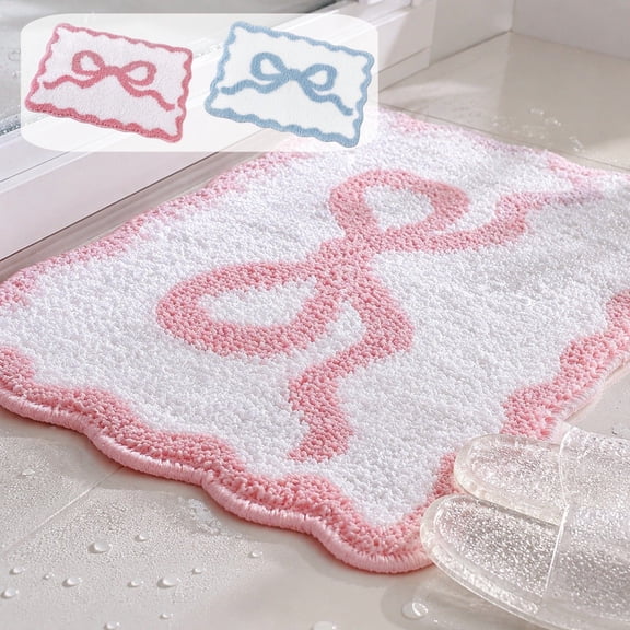 Bow Bathroom Rug Cute Scalloped Bath Mat Non Slide Floor Carpet Microfiber Bathmat Soft Super Absorbent Plush Decorative Indoor Doormat