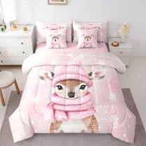 jejeloiu Wild Christmas Reindeer Bedding Comforter Set 7pcs,Merry Xmas Queen Bedding Sets,Pink Brown White Queen Sheet Sets For Children,Super Cozy Room Decor Reversible