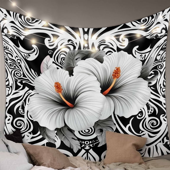 Black White Spring Floral Large Tapestry for Bedroom Wall Hanging Tapestry, Summer Botanical Modern Ceiling Backdrop Tapestries Poster Blanket Wall Decor for Teens Room Living Room Dorm 86" x 104"