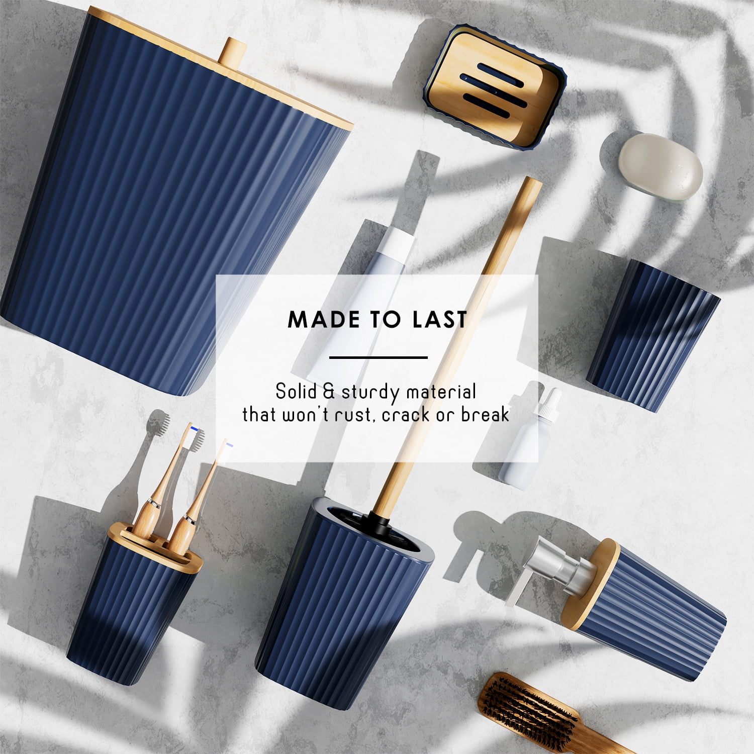 Hearth & Harbor 6 Piece Bamboo Bathroom Sets, Navy Blue Bathroom Accessories Set for Minimalistic Bathroom Décor