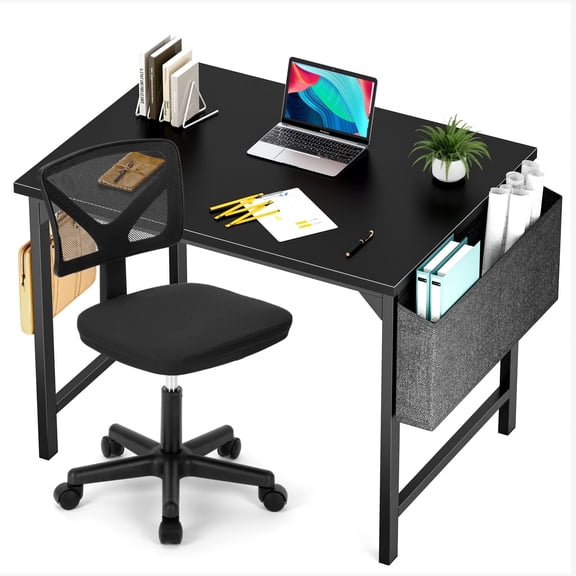 edx Computer Desk and Home Office Chair Set, 31 Inch Writing Table with Storage Bag & Armless Mesh Desk Chair For Small Space, Black