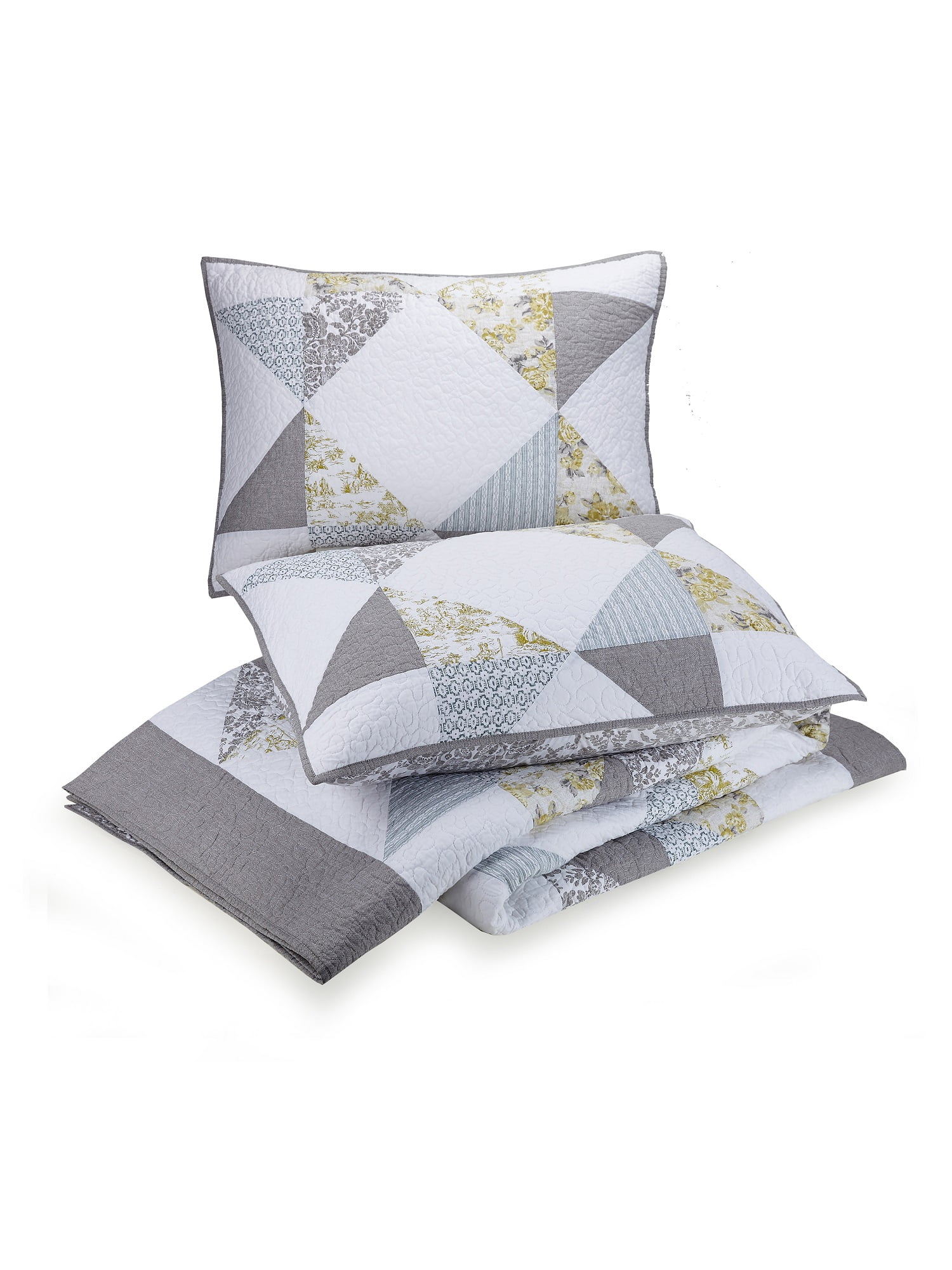 Mary Jane's Farm Reine-Marie Gray and Yellow Floral Patchwork Quilt Set, King, All Ages