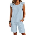 thumbnail image 6 of BODOAO Women's Fashion Jumpsuit Ruffle Sleeve Crew Neck Romper Drawstring Overalls with Pockets, Casual Summer Travel Beach Vacation One Piece Outfit for Daily Wear Outfit Light Blue XL, 6 of 7