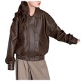 thumbnail image 3 of larppty Boys Girls Leather Jacket Teen Lapel Collar Zip up Biker Coats Trendy Oversized Lightweight Outerwear Tops for Kids (Coffee,15+ Years), 3 of 6