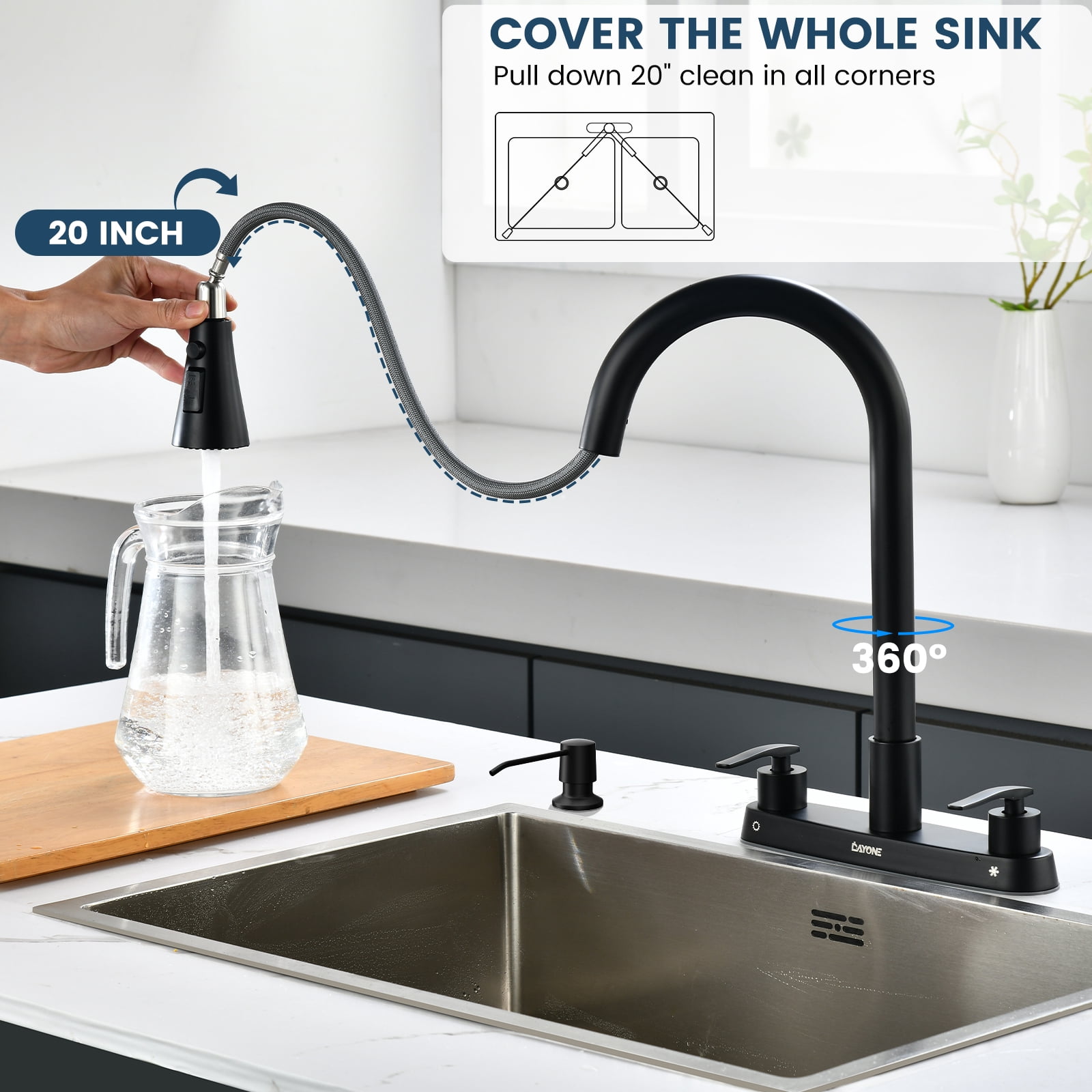 DAYONE Matte Black 2 Handle Kitchen Faucet with Pull Down Sprayer, 4 Holes Sink Faucets for Kitchen/RV with Soap Dispenser Stainless Steel