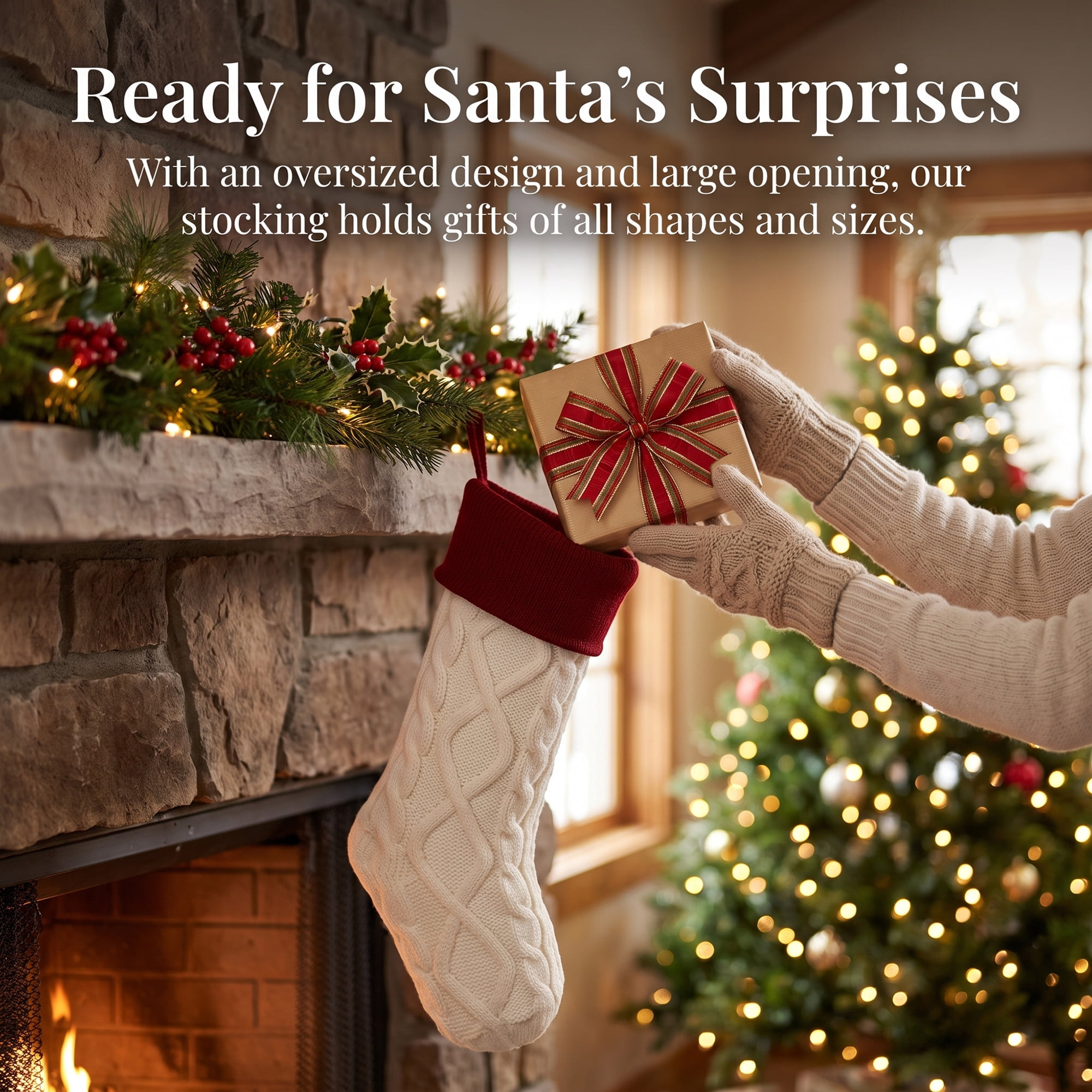 Unique Bargains Luxurious Cable-Knit Christmas Stocking White Red 18"